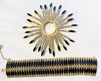 #150) $87.50 NOW 30% OFF (was $125)  Gigantic Vintage Brooch with Black Glass and AB accents plus wide multi stoned Bracelet. Pin Measures approx 5 “ in diameter and bracelet measures 8 ‘’ in length and approx 1 1/2 “ wide. Not cleaned and in great vintage condition. (1 of 3 views) 