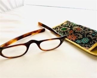 #153) $15 Vintage glass half readers. Tortoise plastic with 5 AB Rhinestones on each side. Unmarked. With case (1 of 2 views) 
