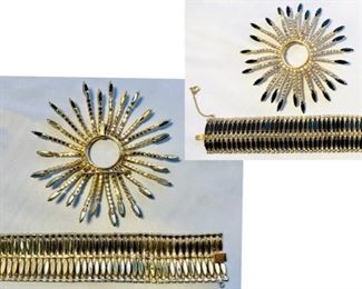 #150) $87.50 NOW 30% OFF ( was $125)  Gigantic Vintage Brooch with Black Glass and AB accents plus wide multi stoned Bracelet. Pin Measures approx 5 “ in diameter and bracelet measures 8 ‘’ in length and approx 1 1/2 “ wide. Not cleaned and in great vintage condition. (1 of 3 views) 