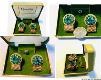 #68) $22.00 Vintage Men’s Emerald Green Goldtone Rhinestone Cufflinks and Tie tac pin in Green Velvet Original Box by Executive. Not Cleaned. Appears Never Worn.  ( 1 of 2 views) 