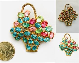 #85) $22 Pretty Vintage 1950s Colorful Bouquet BASKET pin. 29 Glass Stones. Measures Approx 2 1/8” x 2” Not Cleaned. Normal Wear in Good Conditon. 