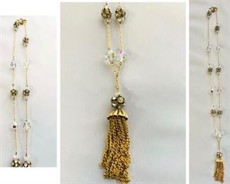 #145) $28 NOW 20% OFF(was $35) Vintage 1960s Mesh Dangle Spray Necklace with Clear Rondells and Facetted Crystal Balls. Delicate Goldtone Chain. Measures approx 15” long closed from top to bottom hanging. Not Cleaned and Normal Wear in great vintage condition. 