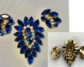 #147) $52 NOW 20% OFF (was $65 ) Gorgeous Vintage Juliana Brooch and Ear Set.  Blue Rhinestones accented by AB crystals. Pin measures approx 3” in length and Clip earrings  1 1/2” in length. Not cleaned and in good vintage condition. (1 of 2 views) 