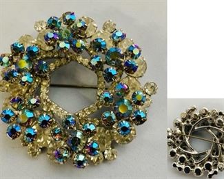 #151 $65 Vintage Juliana Large Brooch.  Blue AB flowers and clear rhinestones. Not cleaned and in good vintage condition. Measures 2” in diameter.(1 of 2 views) 