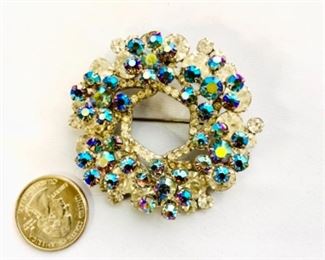 #151 $65 Vintage Juliana Large Brooch.  Blue AB flowers and clear rhinestones. Not cleaned and in good vintage condition. Measures 2” in diameter.(1 of 2 views) 