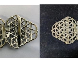 #152) $35 1940s Rhinestone Buckle. Measures 4K’’ in length when buckled. 2 1/2” high. Good Vintage Condition.