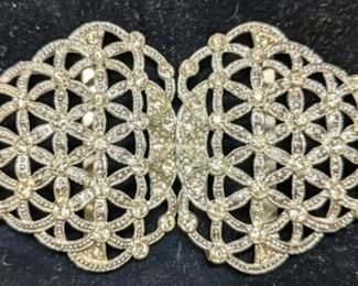 #152) $35 1940s Rhinestone Buckle. Measures 4K’’ in length when buckled. 2 1/2” high. Good Vintage Condition.
