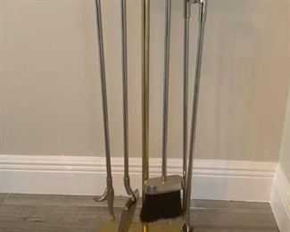 Brass and Chrome Fireplace Tool Set.  Lacquered