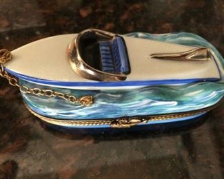 Peint Main Limoges "GR" Trinket Box- Motor Boat on Water