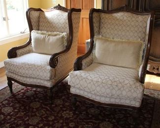 #6. $375.00. Pair wing back chairs. Brand: Schandig upholstered 45”h X 29”w X 32”d