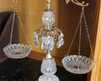 #16. $90.00. Crystal / brass balance scale 22”h X 17”w X 7”d