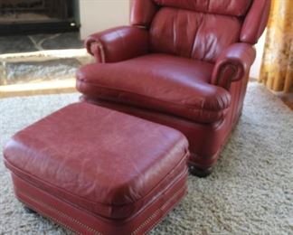 #22. $350.00. Hancock and Moore leather chair with ottoman c 35”h X 36”w X 36”d/ o 15”h X 26”w X 22”d