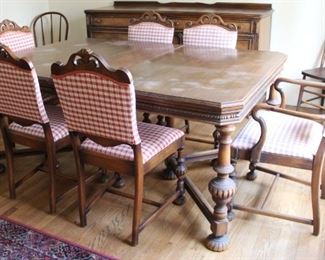 #35. $300.00. Table with 6 chairs table top note water stains, finish issues and slight warp to leaf
T 30.5”h X 70”w X 46”d with 1 10.5” leaf C 39”h X 18.5”w X 20”d