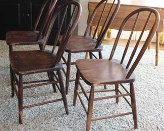 #38. $300.00. set 4 farm chairs no breaks some wear to finish 35”h X 16.5”w X 16”d