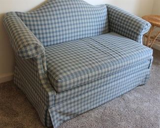 #48. 150.00. Blue White Hickory brand loveseat 32”h X 55”w X 33”d