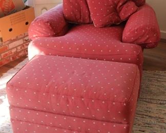 #52. 150.00. Upholstered chair with ottoman Faded material to the back
C 28.5”h X 42”w X 42”d /O 17”h X 30.5”w X 19”d