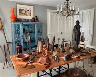 Copper, canes, glass, antique tools, South American 6’ dart tube