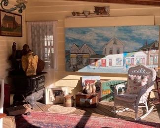 Antique duck pin bowling, vintage advertising, painting 