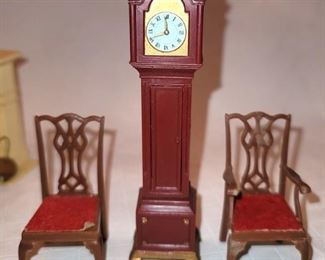 Vintage Marx grandfather clock and two chairs. $5