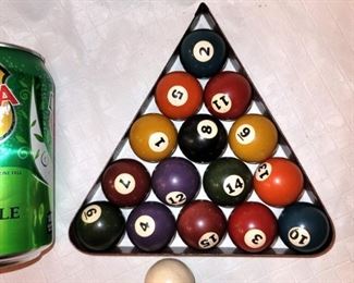 Mini pool balls with rack and cue $9