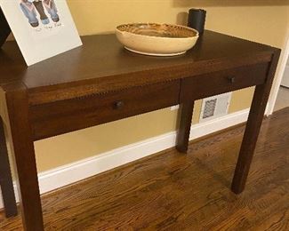 Dark wood table with two shallow drawers $50