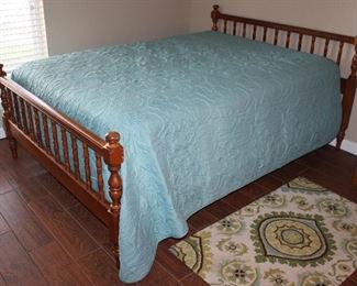 -Vintage Solid Wood Full Size Bed Frame.                                      -Quilted Blue Bed Spread with Shames.                                      -Sealy Postepedic Full Mattress.                                                    -Fransica Tope and Teal Throw Rug (2.3’X3.9’)