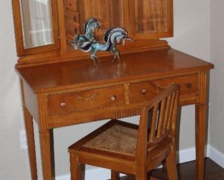 Triple Mirror 2-Drawer Vanity with Cane Bottom Chair
