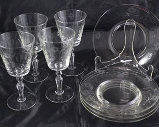 Depression Era Cut Crystal Wine Stems (4) and Matching Salad Plates (8)