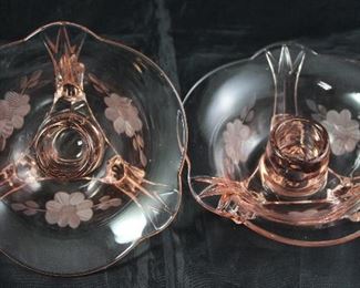 Libby Works Pink 3-Toed Cut Glass Candle Holders