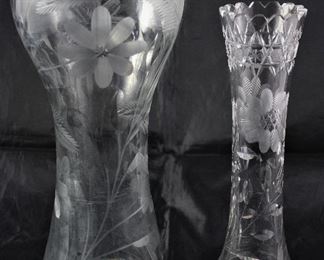 Antique Victorian Cut Glass 12" Crystal Corset Vase Flowers & Ferns (C. 1880-1917).   Bohemian Cut Crystal 10” Vase