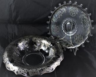 Elegant Glass of the Depression Era: Heisey “Lariat” Silver Overlay Sandwich.Nougat Tray 91942-1957) and Fostoria   “Baroque” Silver Overlay Rolled Edge Bowl (1937-1958)