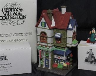 Dept 56 Heritage Village Collection Christmas in the City Streets:  “Corner Grocer” 5970-6, “Hot Dog Vender#5886-6” (2 Figurines /missing stand) and “Don’t Drop Packages” #5532-8 set of 2