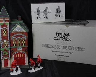 Dept 56 Heritage Village Collection Christmas in the City Streets “Red Brick Fire Station” and “The Fire Brigade” set of 2 Figurine 