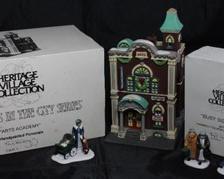 Dept 56 Heritage Village Collection  - Christmas in the City Streets:  “Arts Academy” #5543 and “Busy Sidewalks” #5535-2 (3 figurines/1 missing)