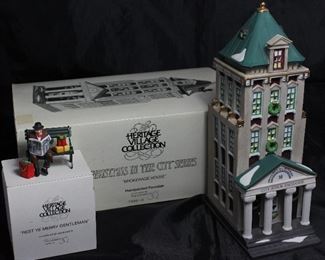 Dept 56 Heritage Village Collection Christmas in the City Streets:”Brokerage House” #5881-5 and “Rest Ye Merry Gentleman” Figurine #5540-9