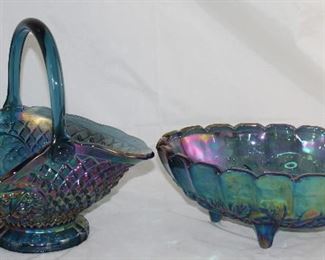 Indiana Glass Blue Carnival GLass:  “Canterbury” Basket and “Garland” Footed Bowl
