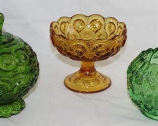 LE Smith Moon & Stars:  Green Covered Candy/Compote (4 5/8 H”), Ivy Bowl (3”H)and Amber Compote 6”H  C.1940-2004