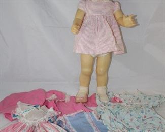 Mattel “Chatty Cathy” in Original Clothes (missing shoe) shown with 3 original outfits, Pink Coat and Beret (Fourth edition, according to her body markings) --doesn't talk Cc.1960’s