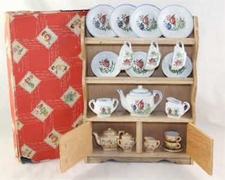 Vintage Made in Japan China Tea Set in Wooden Cabinet with original box.  Shown with a second snaller Made in Japan Lusterware smaller Tea Set  Cc.1950-60’s