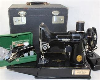Singer Feather Weight Sewing Machine With Case.  Also shown Singer Button Hole Maker