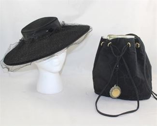 -Black Wool Vintage Wide Brim.                    -Charolina Herrera Black Cloth And Gold Leather Lined Draw String Handbag