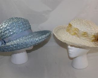 -Betmar Baby Blue Straw Hat.                       -Orig Lee Bury of Dallas Cream Straw Organdy Embellished