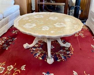 Scalloped Edged, Floral Painted Top, Wooden Coffee Table, 37" Diameter x 18" Height