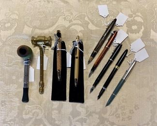 Vintage Fountain Pens: "1930's SHEAFFER Lifetime 14k Gold Nib," "ESTERBROOK," & "PARKER 51 Special USA," and a Solid Brass 6" Gavel, and a "VIKING DR. GRABOW" Aluminum Pipe, and two "MONTEFIORE" Ink Pens