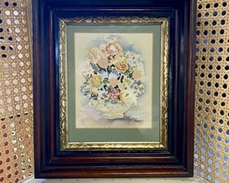Hand Painted Vintage Watercolor in Antique 2.5" Deep Mahogany Frame. Overall Framed Measurements: 12" x 14"