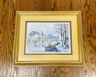 French Artist JULIEN PORISSE (Born 1927), Signed, "Paris Bridge Scene". Overall Framed Measurements: 17" x 21"