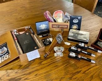 Harley Davidson 105th Anniversary Box (Mint), H-D Flashlights, Pins, Tin w/Note Cards, Beer Tap, and other vintage H-D Collectibles.