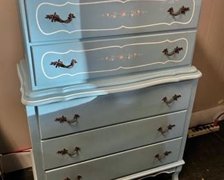 Vintage Hand-Painted French Provincial 5-Drawer Chest, Light Blue with White Detailing