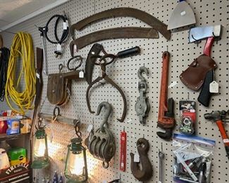 Antique Pully, Saw Blades, Large Vintage Ice Tongs, Wrenches, Axes, Lanterns...