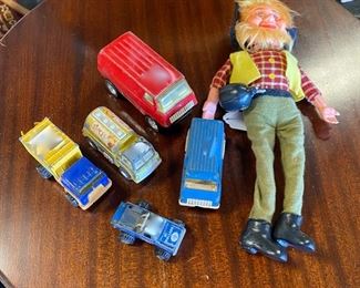 c.1970's Die Cast Toy Trucks and a Vintage 13" Hillbilly Doll